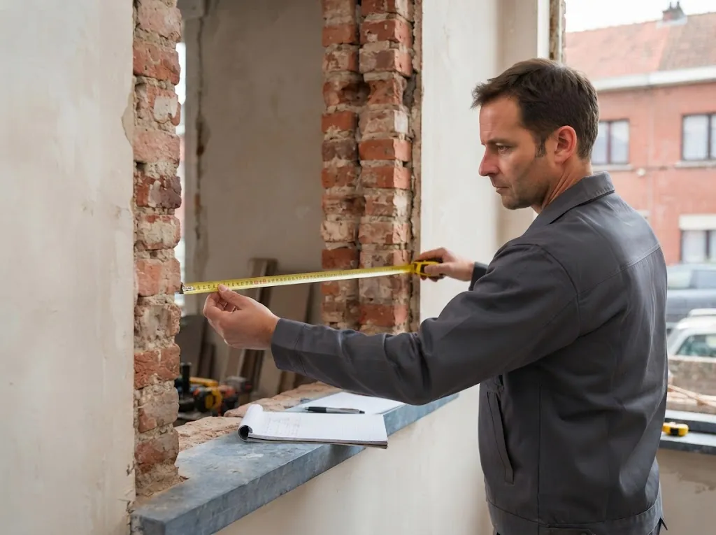 Technicien mesurant la largeur d’une baie dans une maison en brique en rénovation