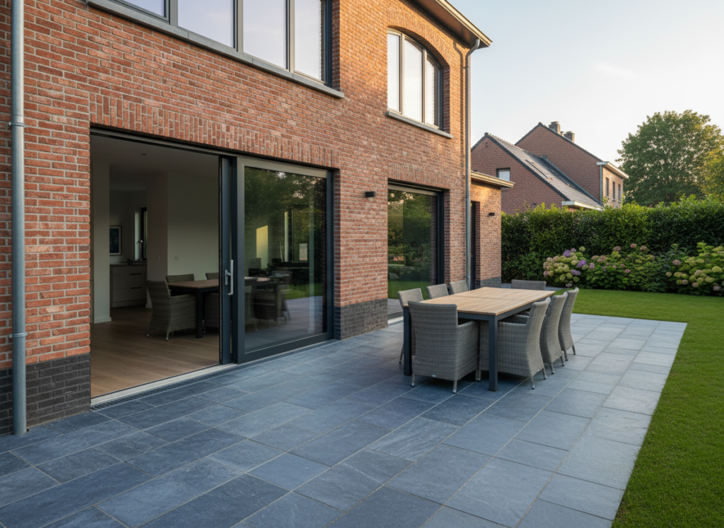 Grand coulissant anthracite ouvrant sur une terrasse en pierre bleue