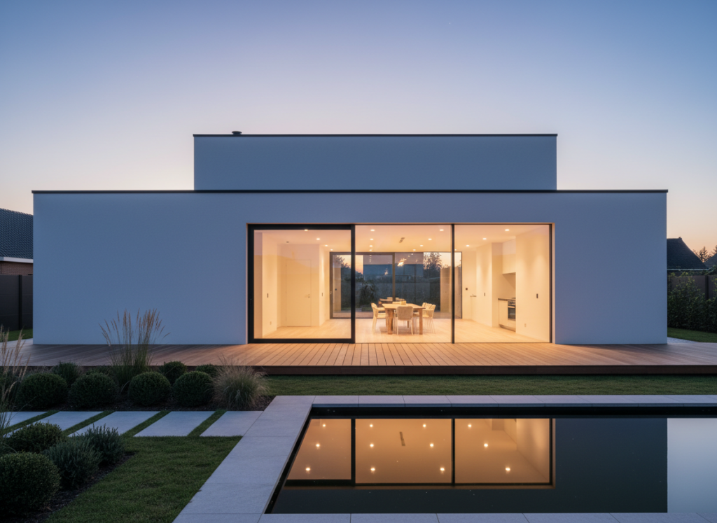 Maison contemporaine blanche avec grand levant-coulissant au crépuscule