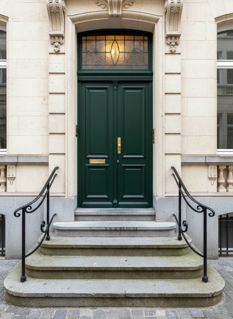 Entrée de maison de maître avec porte vert foncé et perron en pierre bleue