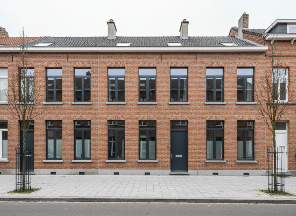 Maison mitoyenne en brique rouge avec fenêtres PVC anthracite