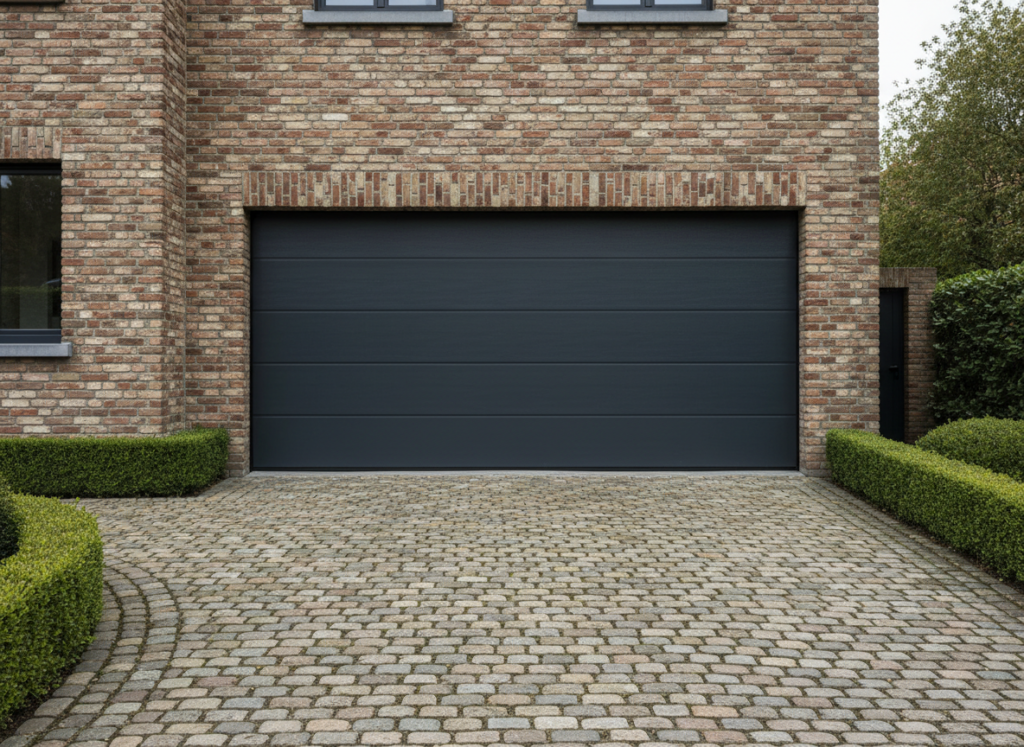 Maison en brique avec porte de garage sectionnelle anthracite et allée pavée