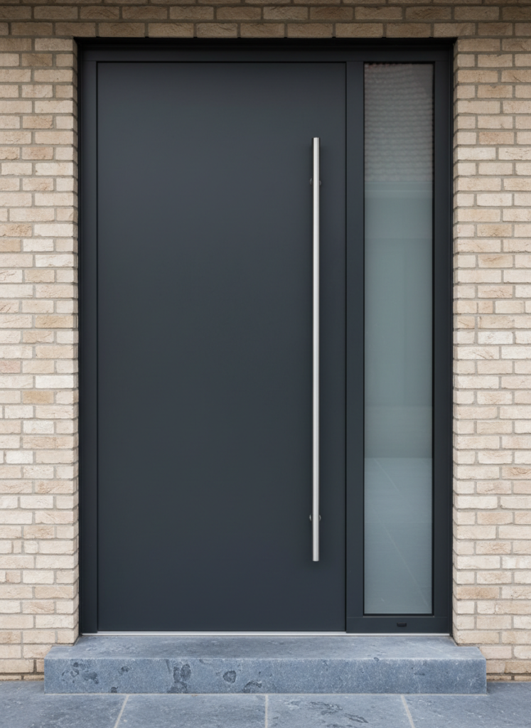 Porte d'entrée en aluminium anthracite avec vitrage latéral et marche en pierre bleue