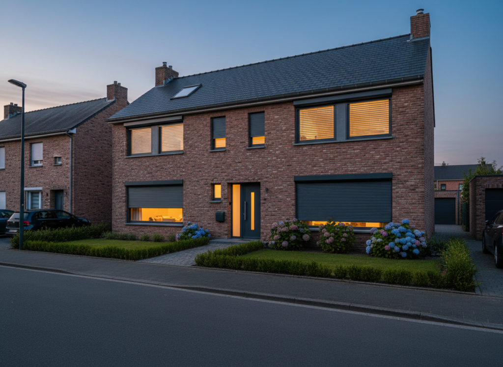Maison belge en brique avec volets roulants anthracite mi-clos au crépuscule